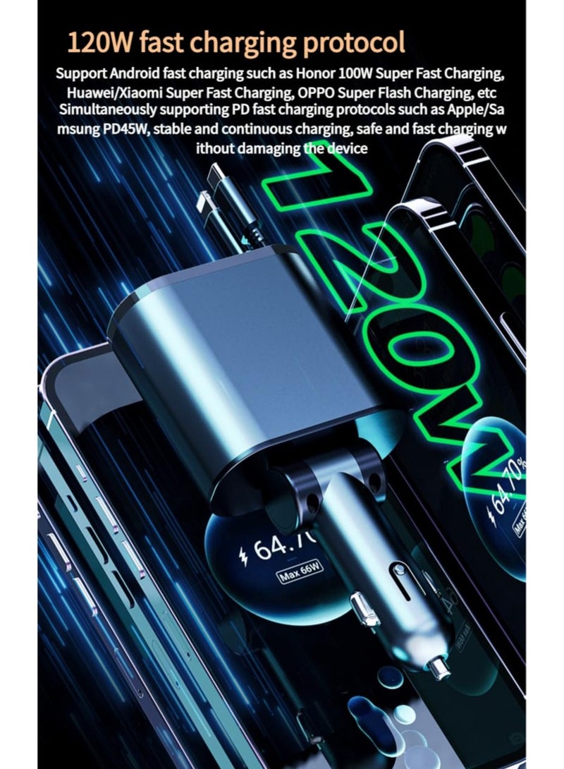 Anmi 120W Car Charger – Aerospace Aluminum, Dual Retractable Type-C and L Cables, 4-Port Fast Charging with Smart LED Display, and Universal Compatibility (RGB-Black) - Image 2