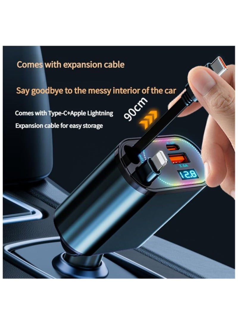 Anmi 120W Car Charger – Aerospace Aluminum, Dual Retractable Type-C and L Cables, 4-Port Fast Charging with Smart LED Display, and Universal Compatibility (RGB-Black) - Image 4