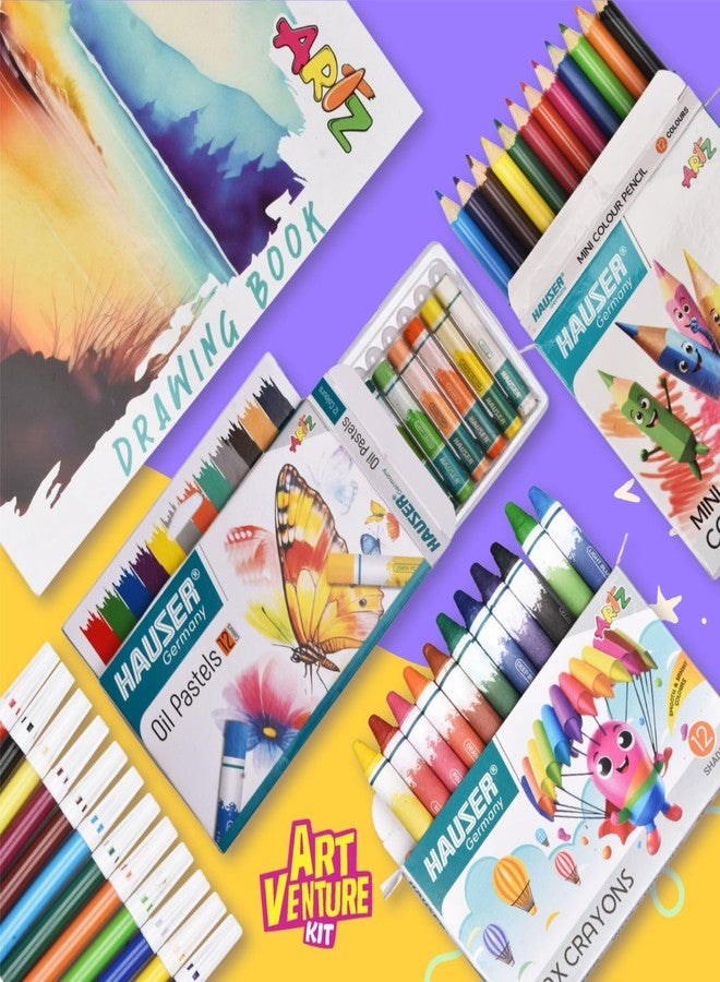 HAUSER ARTZ Hauser Art VENTURE KIT for Kids, 12 Shades Each of Crayons, Sketch Pens, Colour Pencils, Oil Pastels with Drawing Book, 21 x 29.7 cm - Image 3
