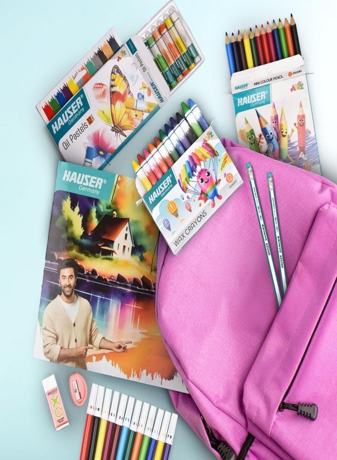 HAUSER ARTZ Hauser Art VENTURE KIT for Kids, 12 Shades Each of Crayons, Sketch Pens, Colour Pencils, Oil Pastels with Drawing Book, 21 x 29.7 cm - Image 4