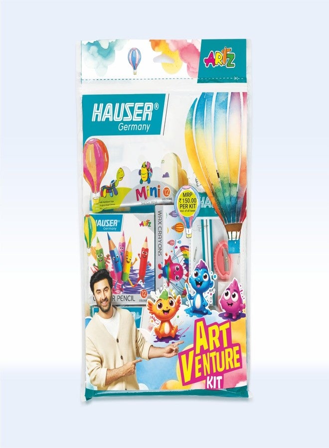 HAUSER ARTZ Hauser Art VENTURE KIT for Kids, 12 Shades Each of Crayons, Sketch Pens, Colour Pencils, Oil Pastels with Drawing Book, 21 x 29.7 cm - Image 1