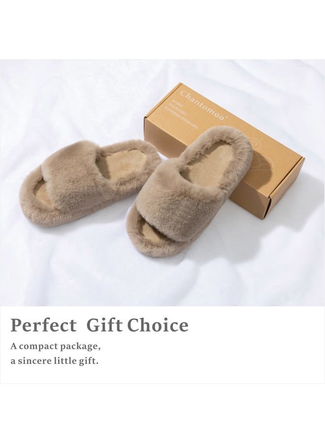 Chantomoo Women's Slippers Memory Foam House Bedroom Slippers for Women Fuzzy Plush Comfy Faux Fur Lined Slide Shoes Anti-Skid Sole Trendy Gift Light Brown 38/39 EU - Image 5