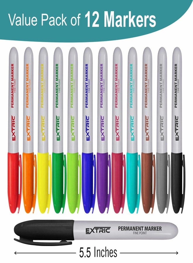 EXTRIC Permanent Markers, Assorted Colors, 12 Count Fine Point Markers, Quick Drying, Waterproof, Works on Paper, Plastic, Wood, Metal and Glass, for Home, Office and School - Image 2