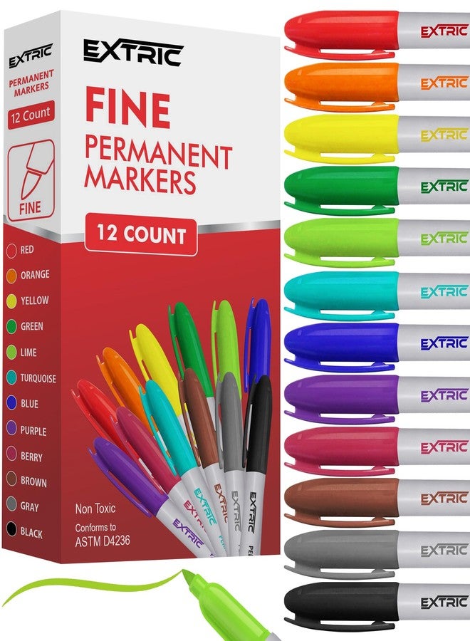 EXTRIC Permanent Markers, Assorted Colors, 12 Count Fine Point Markers, Quick Drying, Waterproof, Works on Paper, Plastic, Wood, Metal and Glass, for Home, Office and School - Image 1