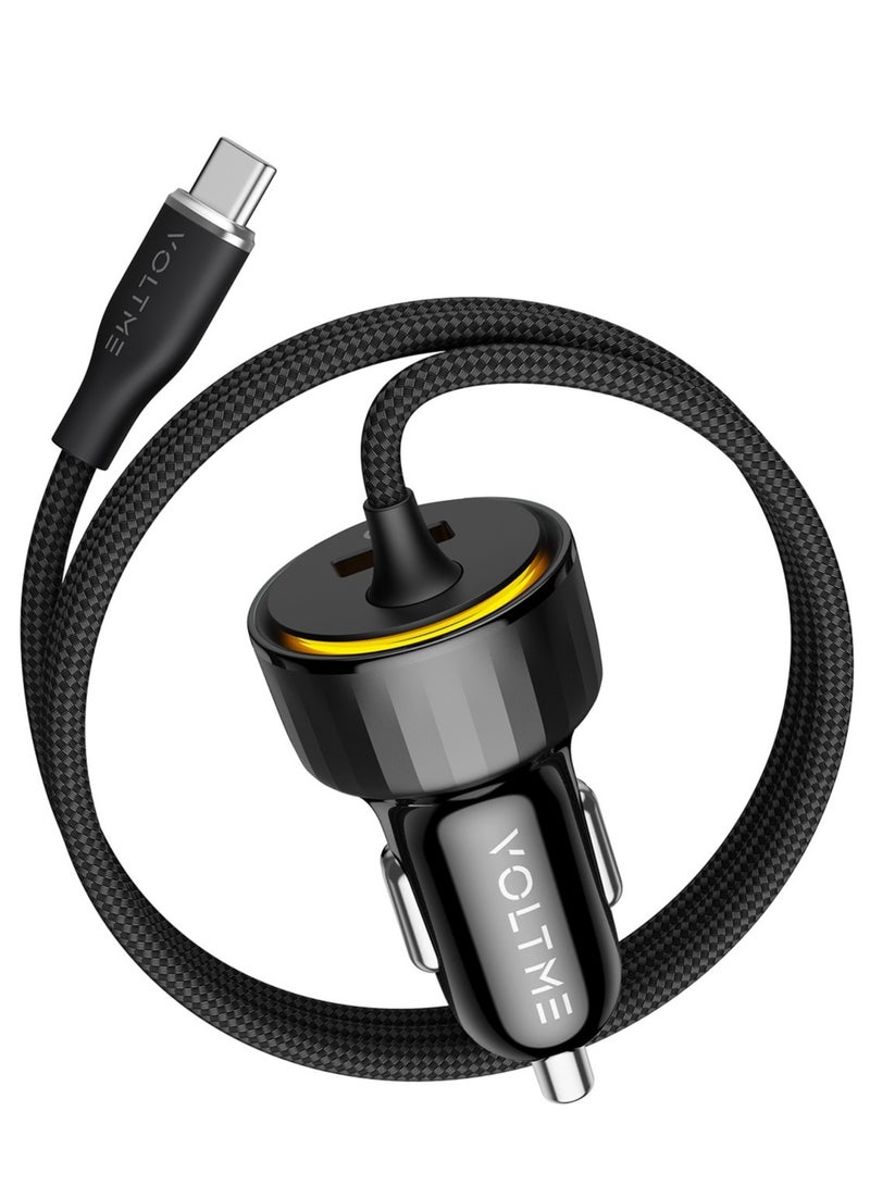 فولتمي شاحن سيارة USB-C بقوة ٥٢٫٥ واط – شحن سريع، Quick Charge، تقنية V-Dynamic 3.0، شريحة ذكية Smart IC، مؤشر LED، كابل Type-C مدمج بطول ١٫٢ متر لموديلات آيفون إير، آيفون ١٧ / ١٧ برو / ١٧ برو ماكس، آيفون ١٦ / ١٦ برو / ١٦ برو ماكس / ١٦ بلس، آيفون ١٥، آيباد برو ٦ / إير ٥، ماك بوك إير / برو – مع منفذ USB-A QC لموديلات آيفون ١٤ / ١٣ / ١٢ – متوافق مع سامسونج جالاكسي S25–S21، هواوي P60، شاومي ١٤ / ١٣، جوجل بيكسل ٩ / ٨، ون بلس، أوبو، فيفو، ريلمي وأجهزة أندرويد - Image 1