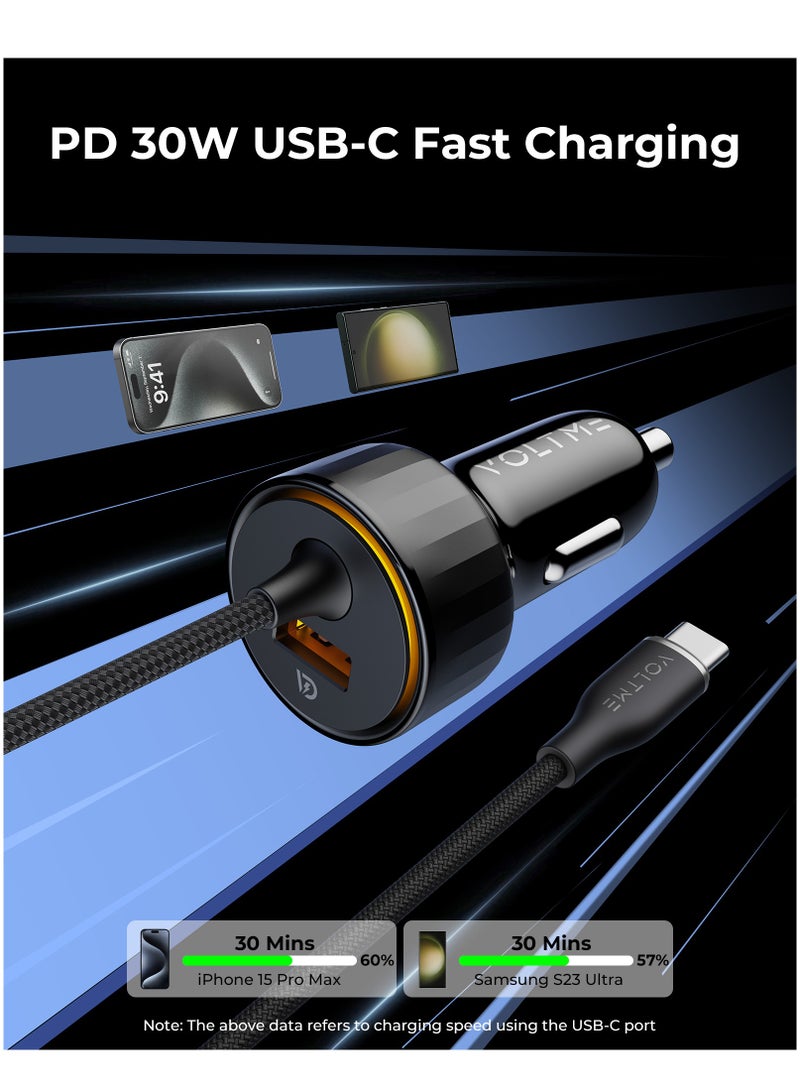 فولتمي شاحن سيارة USB-C بقوة ٥٢٫٥ واط – شحن سريع، Quick Charge، تقنية V-Dynamic 3.0، شريحة ذكية Smart IC، مؤشر LED، كابل Type-C مدمج بطول ١٫٢ متر لموديلات آيفون إير، آيفون ١٧ / ١٧ برو / ١٧ برو ماكس، آيفون ١٦ / ١٦ برو / ١٦ برو ماكس / ١٦ بلس، آيفون ١٥، آيباد برو ٦ / إير ٥، ماك بوك إير / برو – مع منفذ USB-A QC لموديلات آيفون ١٤ / ١٣ / ١٢ – متوافق مع سامسونج جالاكسي S25–S21، هواوي P60، شاومي ١٤ / ١٣، جوجل بيكسل ٩ / ٨، ون بلس، أوبو، فيفو، ريلمي وأجهزة أندرويد - Image 2