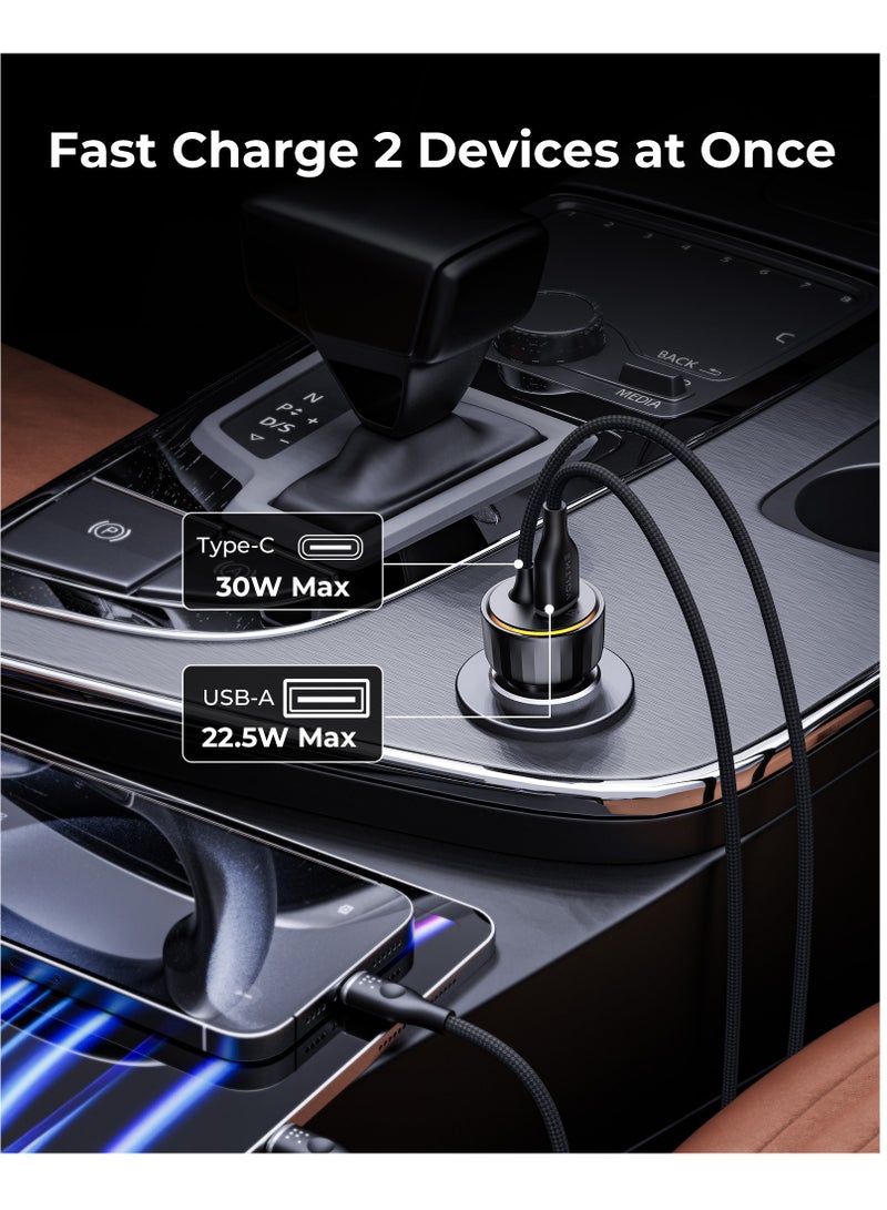 فولتمي شاحن سيارة USB-C بقوة ٥٢٫٥ واط – شحن سريع، Quick Charge، تقنية V-Dynamic 3.0، شريحة ذكية Smart IC، مؤشر LED، كابل Type-C مدمج بطول ١٫٢ متر لموديلات آيفون إير، آيفون ١٧ / ١٧ برو / ١٧ برو ماكس، آيفون ١٦ / ١٦ برو / ١٦ برو ماكس / ١٦ بلس، آيفون ١٥، آيباد برو ٦ / إير ٥، ماك بوك إير / برو – مع منفذ USB-A QC لموديلات آيفون ١٤ / ١٣ / ١٢ – متوافق مع سامسونج جالاكسي S25–S21، هواوي P60، شاومي ١٤ / ١٣، جوجل بيكسل ٩ / ٨، ون بلس، أوبو، فيفو، ريلمي وأجهزة أندرويد - Image 4