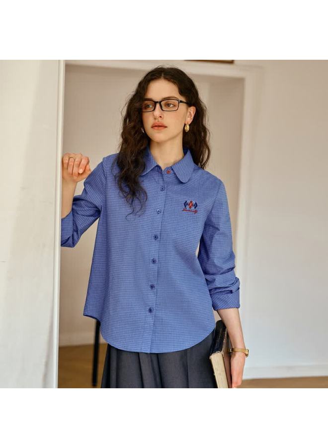 Olrain Women's Autumn Blue Plaid Commuter Design Shirt Loose Fit Top Blue Plaid L - Image 1