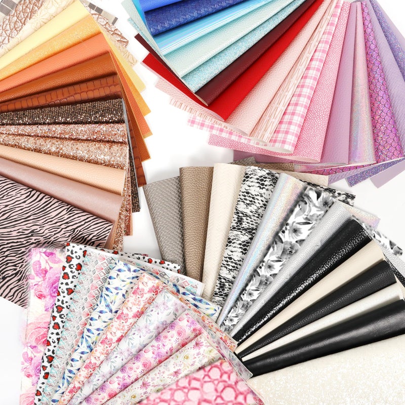 LOTOFUN 30 Pieces Random Colors Faux Leather Sheets 8X 6Inch Multiple Styles Mixed Glitter Grain Texture Embossed Pattern Printed Colored Leather for Earrings Making Hair Bow and Crafts DIY - Image 3