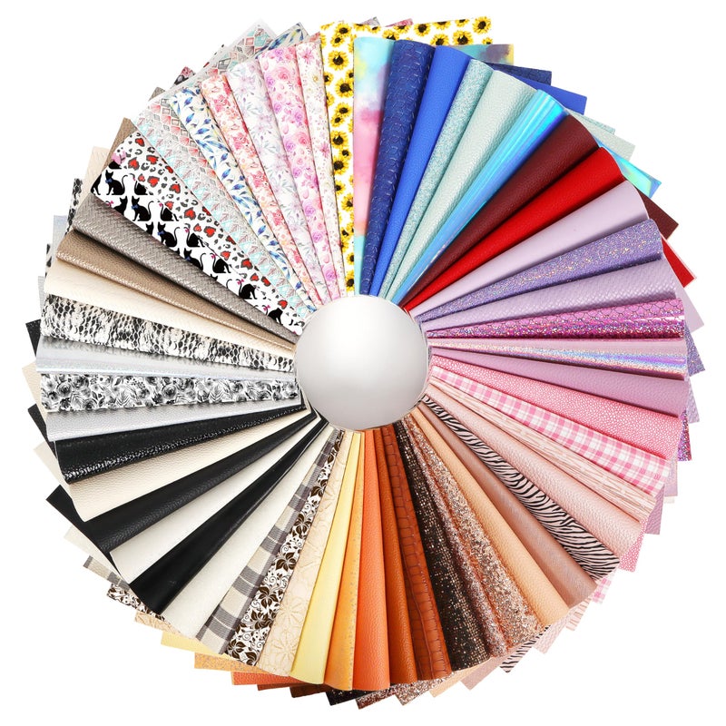 LOTOFUN 30 Pieces Random Colors Faux Leather Sheets 8X 6Inch Multiple Styles Mixed Glitter Grain Texture Embossed Pattern Printed Colored Leather for Earrings Making Hair Bow and Crafts DIY - Image 1
