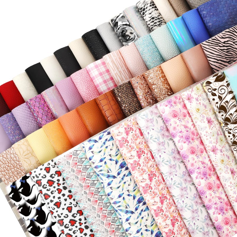 LOTOFUN 30 Pieces Random Colors Faux Leather Sheets 8X 6Inch Multiple Styles Mixed Glitter Grain Texture Embossed Pattern Printed Colored Leather for Earrings Making Hair Bow and Crafts DIY - Image 4