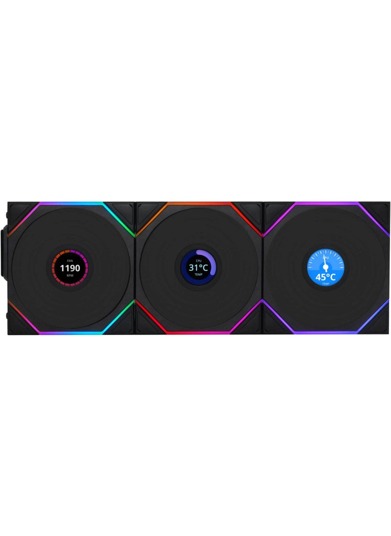 LIAN LI UNI FAN TL120 LCD Wireless Case Fan, 120mm Fan Size, 1900 RPM Fan Speed, 62 CFM Fan Airflow, Fluid Dynamic Bearing Type, PBT & PA66 Material, Pack of 3, Black | 12TLLCD1W3B  - Image 1