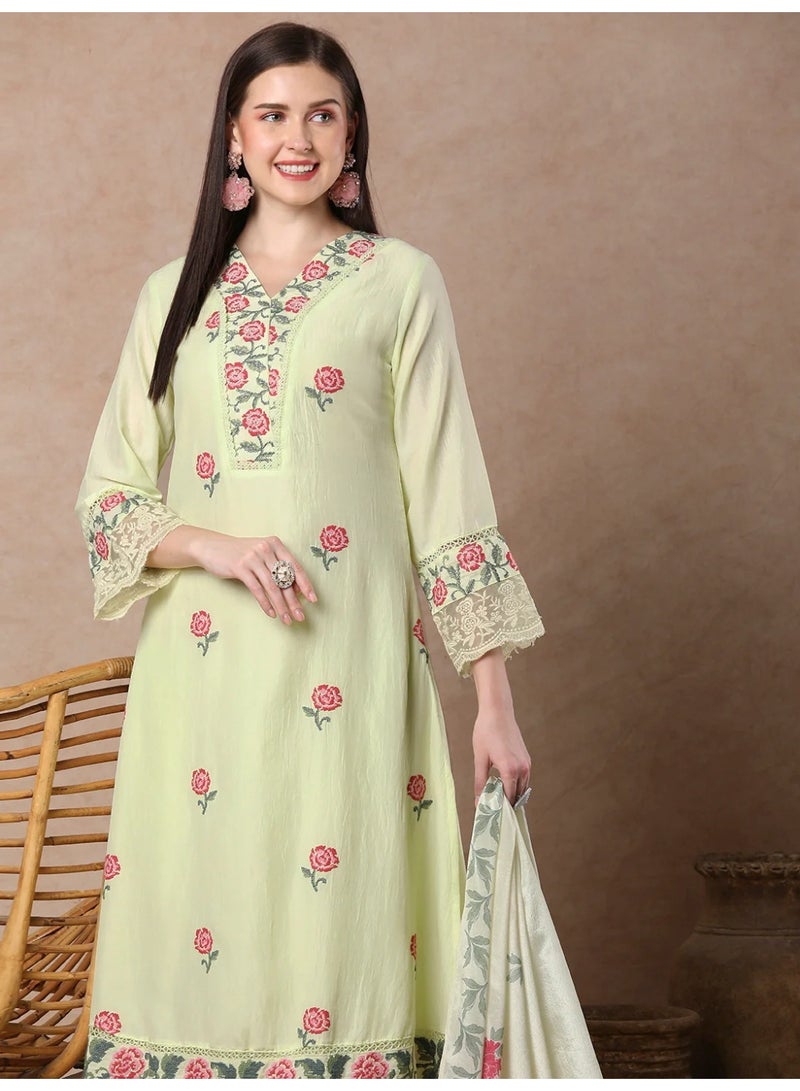 PRIYA’S PANACHE Mint Yellow Floral Printed A-Line Kurta Set with Pant and Dupatta | Ladies Kurti for Women | Party & Festive Indian Dress Salwar Suit Set - Image 2