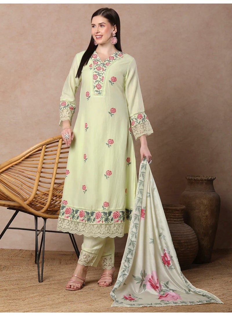 PRIYA’S PANACHE Mint Yellow Floral Printed A-Line Kurta Set with Pant and Dupatta | Ladies Kurti for Women | Party & Festive Indian Dress Salwar Suit Set - Image 1