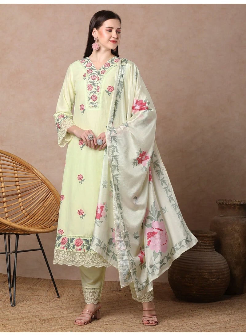PRIYA’S PANACHE Mint Yellow Floral Printed A-Line Kurta Set with Pant and Dupatta | Ladies Kurti for Women | Party & Festive Indian Dress Salwar Suit Set - Image 3