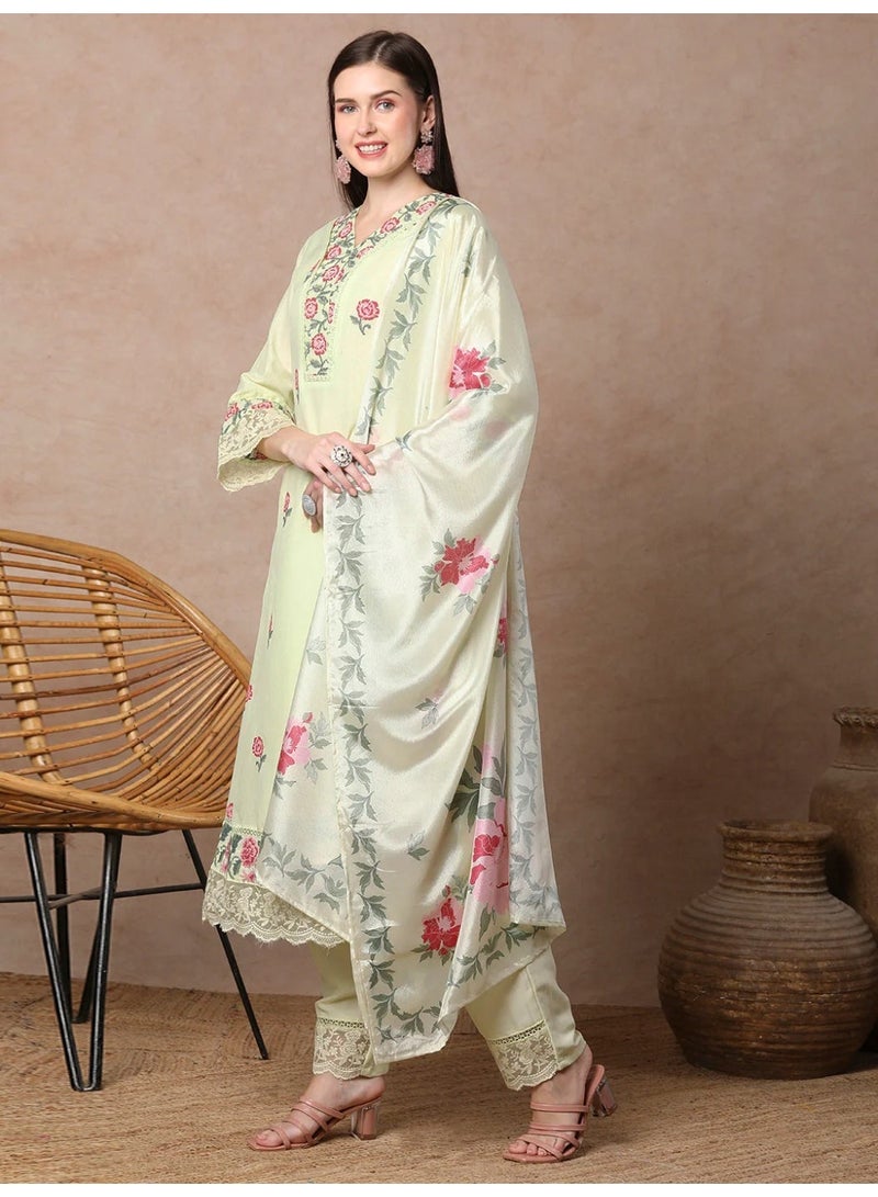 PRIYA’S PANACHE Mint Yellow Floral Printed A-Line Kurta Set with Pant and Dupatta | Ladies Kurti for Women | Party & Festive Indian Dress Salwar Suit Set - Image 4