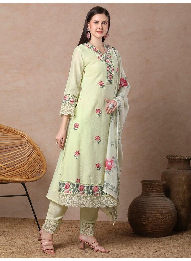 PRIYA’S PANACHE Mint Yellow Floral Printed A-Line Kurta Set with Pant and Dupatta | Ladies Kurti for Women | Party & Festive Indian Dress Salwar Suit Set - Image 5