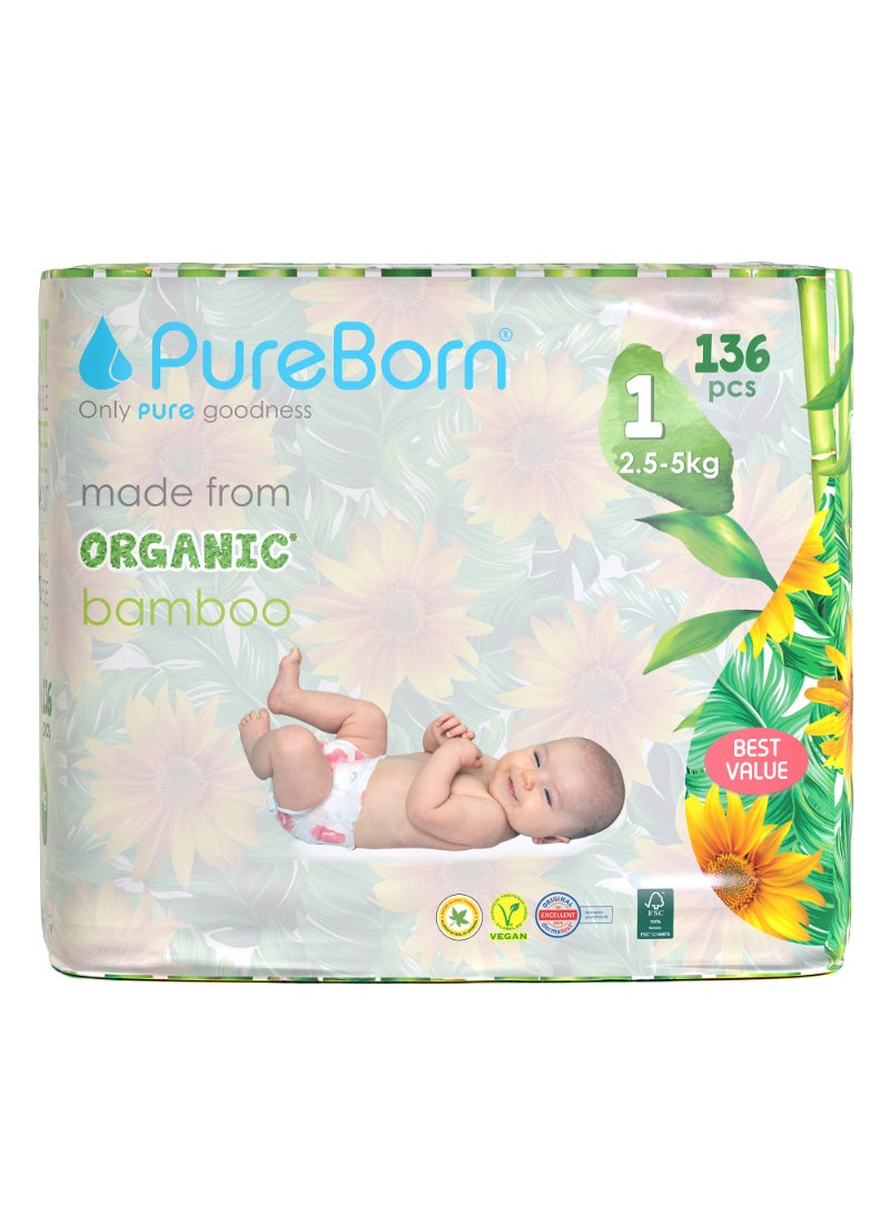 PureBorn Organic Baby Tape Style Diapers Size-1 Upto 5 kg Sunflower Print 136 Diapers - Image 1