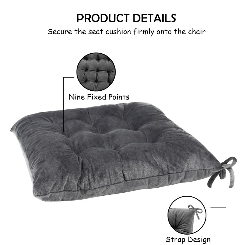 MissSoul 4 Pack Square Seat Cushion Chair Pads for Kitchen Dining Chairs  Soft Comfort Velvet Chair Mat Pillow Cushions with Ties for Office Desk Living Room Tatami 15.5 ""  Dark Gray - Image 3