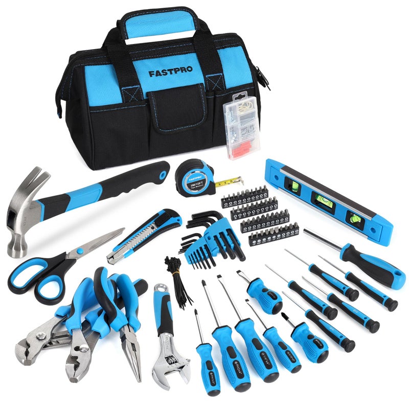 FASTPRO 220-Piece Home Tool Set, Household Repairing Tool Kit with 12-Inch Wide Mouth Open Storage Tool Bag, Blue - Image 1