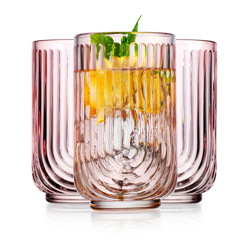 Glaver's Vintage Glassware Art Deco Glasses Ribbed Drinking Glasses U-Shape Arch Design Colored Cocktail Kitchen Tumblers Everyday Dinner Decorative Party (Pink S/4 17oz) - Image 1