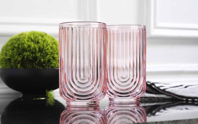 Glaver's Vintage Glassware Art Deco Glasses Ribbed Drinking Glasses U-Shape Arch Design Colored Cocktail Kitchen Tumblers Everyday Dinner Decorative Party (Pink S/4 17oz) - Image 4