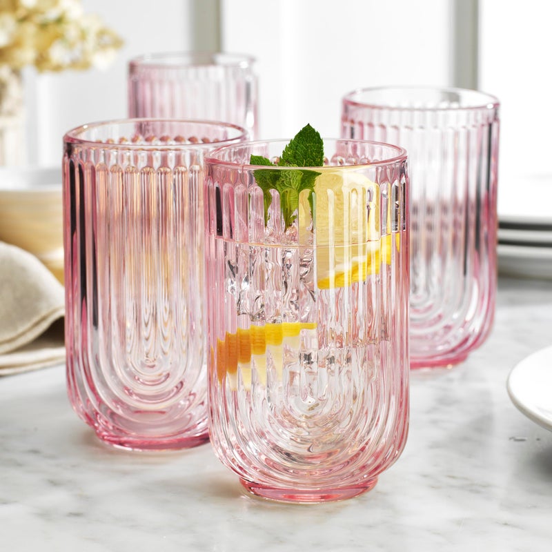 Glaver's Vintage Glassware Art Deco Glasses Ribbed Drinking Glasses U-Shape Arch Design Colored Cocktail Kitchen Tumblers Everyday Dinner Decorative Party (Pink S/4 17oz) - Image 2