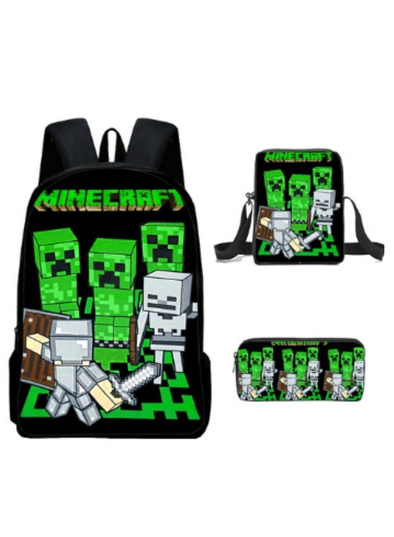 MINECRAFT Digital Printing Large Capacity Backpack Three piece Set Lunch Bag Pen Bag Polyester Comfortable Load Reducing Backpack for Students and Children Unisex - Image 1