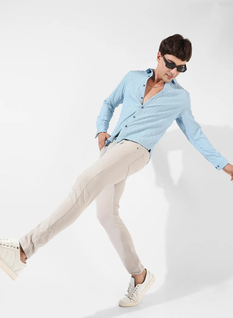Campus Sutra Men's Light Blue Textured Regular Fit Casual Shirt