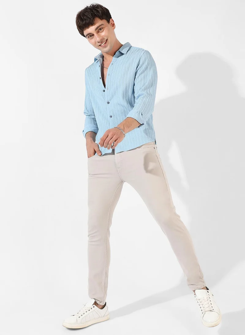 Campus Sutra Men's Light Blue Textured Regular Fit Casual Shirt
