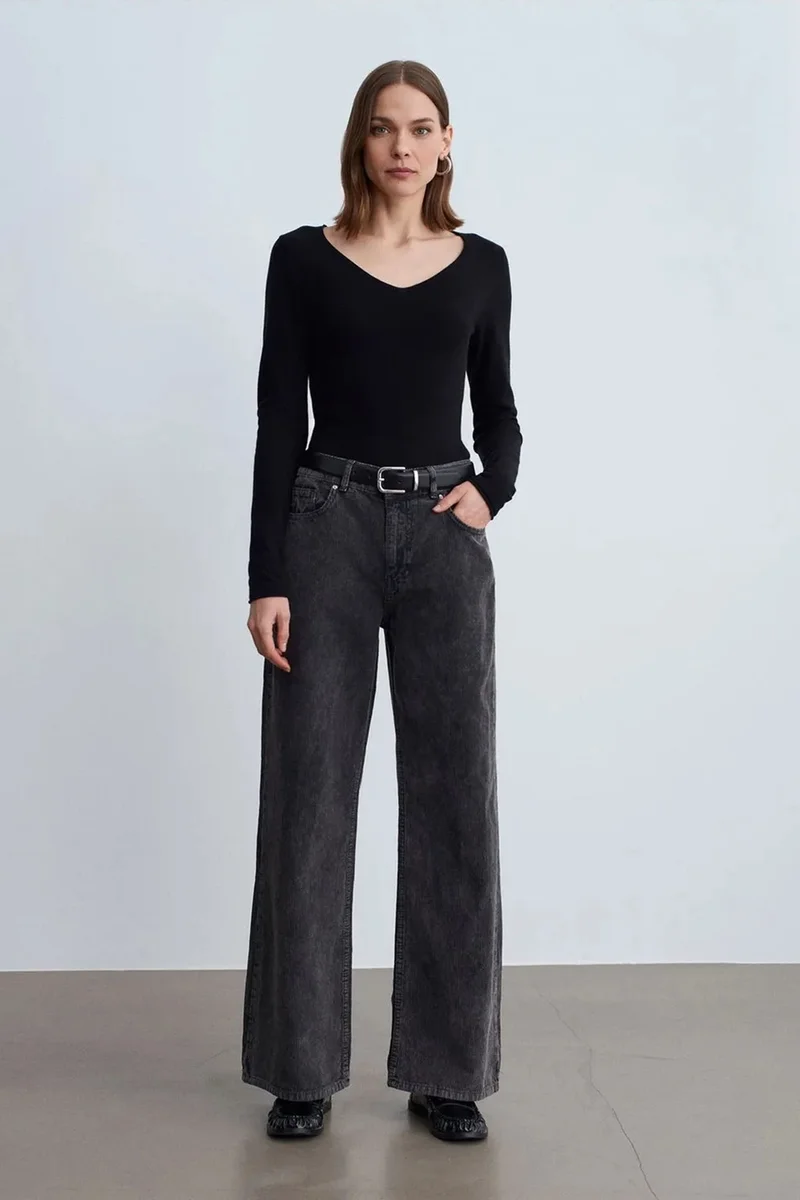 Dilvin Charcoal Grey DILVIN High-Waist Wide-Leg Cotton Trousers for Women | Best Price UAE