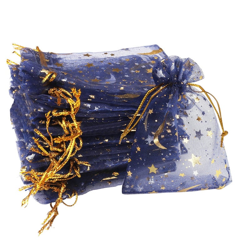 SUMAJU 100 Pieces Moon Star Organza Jewelry Candy Bags, 2.7x3.5 Inch Sheer Navy Organza Pouch Small Gift Bags with Drawstring for Wedding Valentine's Day Party Favors - Image 1