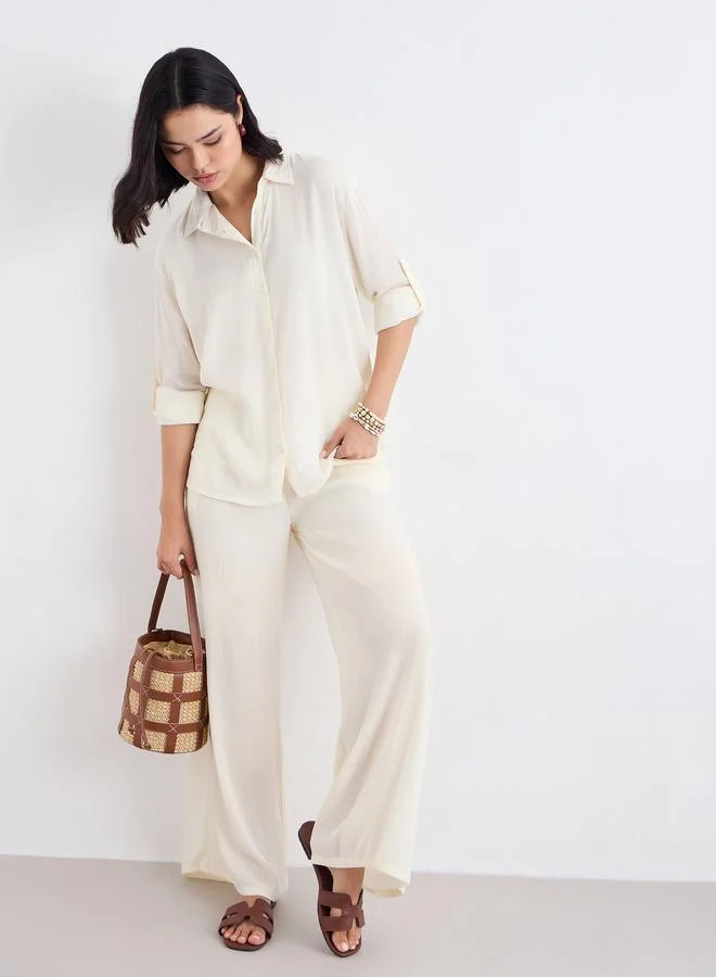 Styli Styli Women Cream Crinkled Oversized Shirt and Pants Co-Ords