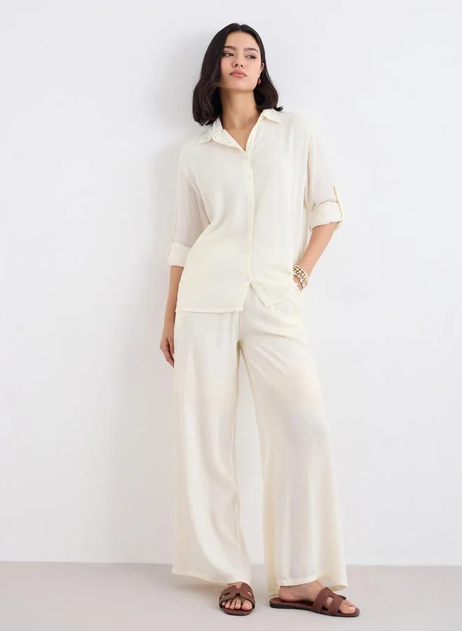 Styli Styli Women Cream Crinkled Oversized Shirt and Pants Co-Ords