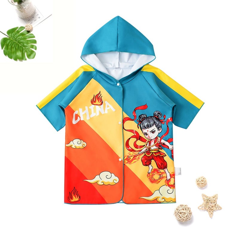 Cartoon Ne Zha Kids Quick-Dry Bathrobe - Hooded Swim Towel Cape with Snap Buttons for Beach & Pool
