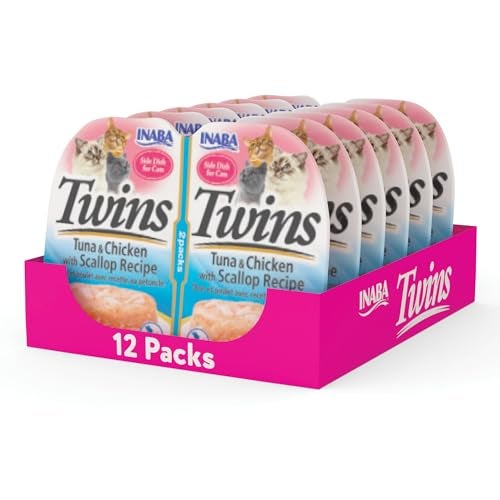 INABA Twins for Cats, Grain-Free Shredded Chicken & Broth Gelée Side Dish/Complement/Topper Cups, 1.23 Ounces per Serving, 14.76 Ounces Total (12 Servings), Tuna & Chicken with Scallop Recipe - Image 1