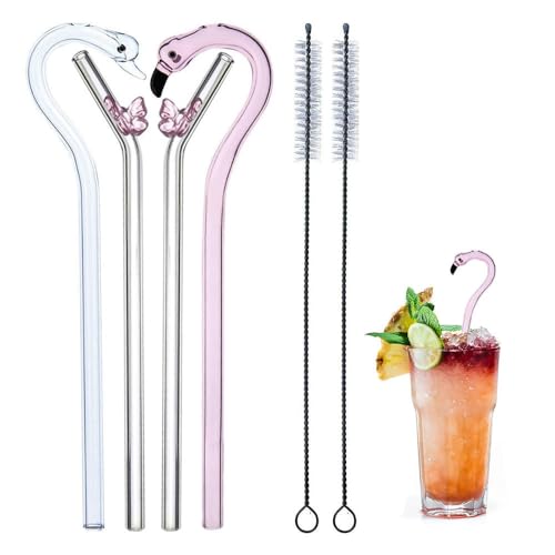 Caressolove 2 Pcs Anti Wrinkle Straw + 2 Pcs Reusable Glass Straws with 2 Cleaning Brushes, Cute Swan Flamingo Shape Glass Straws Shatter Resistant for Smoothies, Milkshakes, Juices, Teas - Image 1