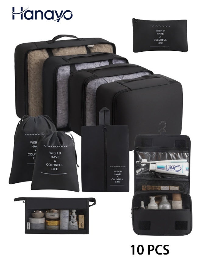 Hanayo 10 PCS Luggage Organizing Set, Waterproof Travel Storage Bags, Travel Luggage Organizer Bags, Travel Packing Set, Large Capacity Storage Bags, Luggage Divider Bags (Black) - Image 1