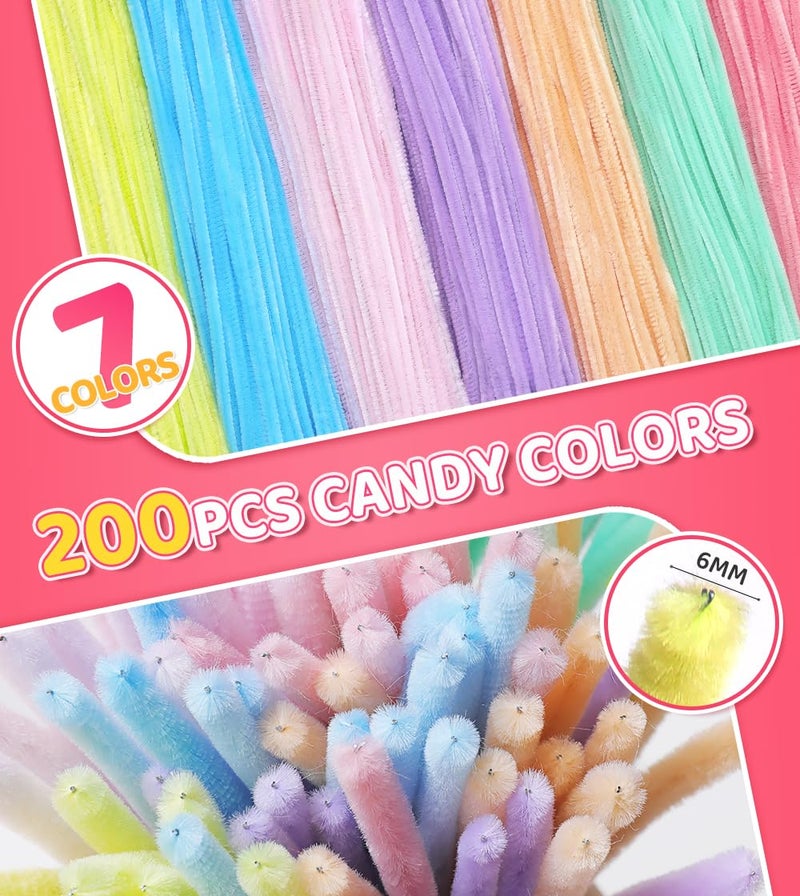 IOOLEEM Pipe Cleaners,200pcs in 7 Colors, Pastel Pipe Cleaners, Macaron Candy Colors, Chenille Stems for Art and Craft Projects, Flower DIY Decorations - Image 2