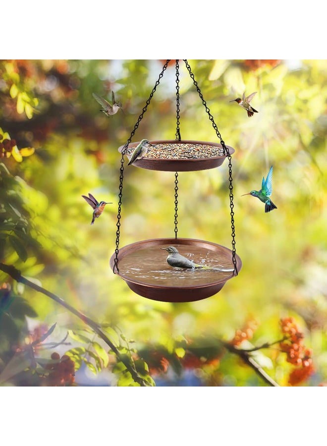 Keygift Hanging Bird Bath for Outdoor, 2-in-1 Birdfeeder & Bathbath Bowls with 23" Rust-Proof Black Chains, Antique Copper Metal Garden Decoration Yard Art - Image 4