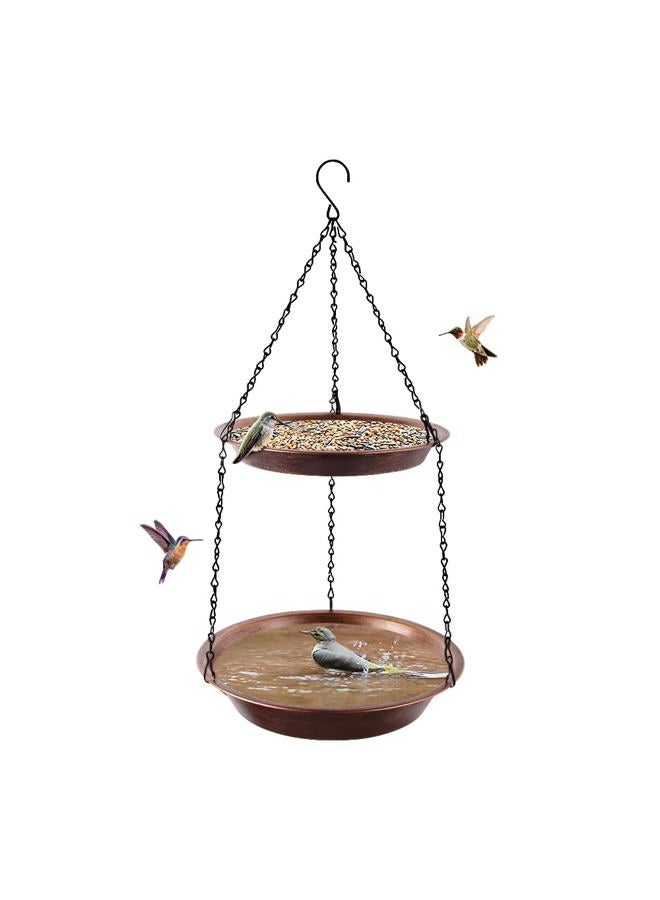 Keygift Hanging Bird Bath for Outdoor, 2-in-1 Birdfeeder & Bathbath Bowls with 23" Rust-Proof Black Chains, Antique Copper Metal Garden Decoration Yard Art - Image 1