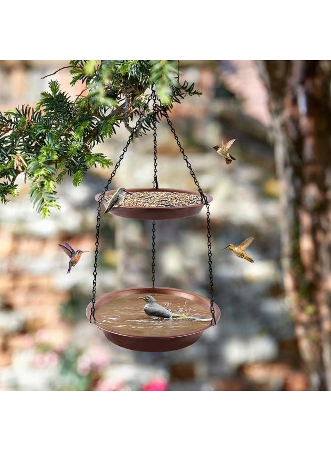 Keygift Hanging Bird Bath for Outdoor, 2-in-1 Birdfeeder & Bathbath Bowls with 23" Rust-Proof Black Chains, Antique Copper Metal Garden Decoration Yard Art - Image 2