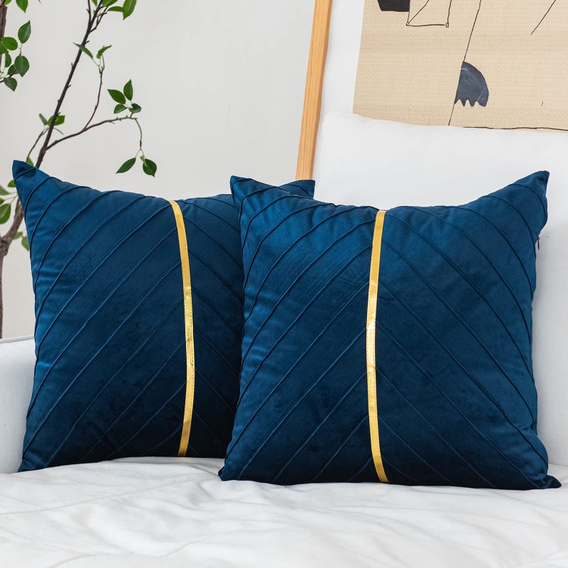 WACOMECO Velvet Throw Pillow Covers  Pack of 2 Soft Gold Decorative Cushion Covers for Couch Sofa Living Room Home Decoration  Navy Blue  20x20 inch - Image 1