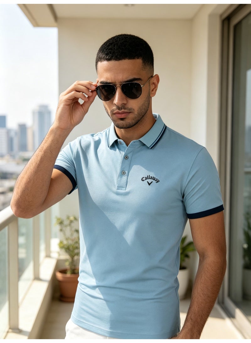 Callaway Men's Light Blue Contrast Trim Short Sleeve Golf Polo Shirt with Embroidered Chest Logo - Image 5