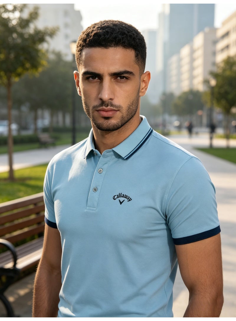 Callaway Men's Light Blue Contrast Trim Short Sleeve Golf Polo Shirt with Embroidered Chest Logo - Image 3