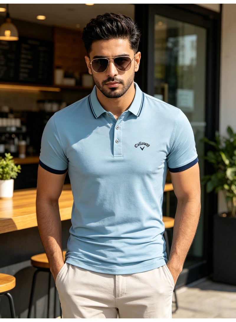 Callaway Men's Light Blue Contrast Trim Short Sleeve Golf Polo Shirt with Embroidered Chest Logo - Image 2