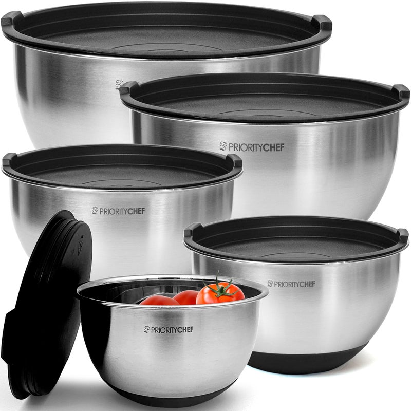 Priority Chef Premium Stainless Steel Mixing Bowls With Airtight Lids - Thick Metal Nesting Bowls for Kitchen, 1.5/2/3/4/5 Quart, Black - Image 1
