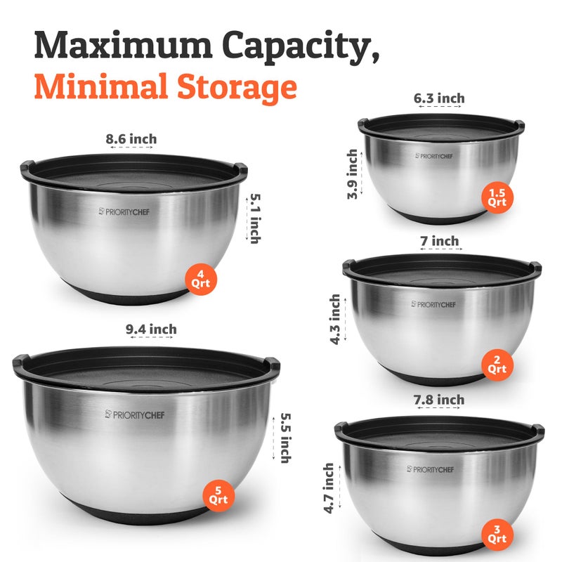 Priority Chef Premium Stainless Steel Mixing Bowls With Airtight Lids - Thick Metal Nesting Bowls for Kitchen, 1.5/2/3/4/5 Quart, Black - Image 3