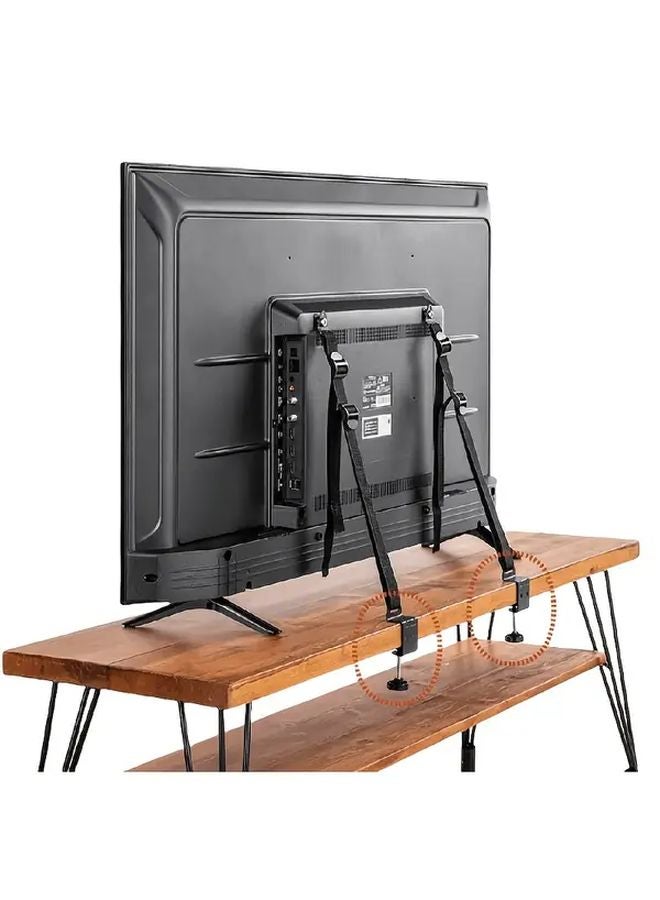 حزام تثبيت تلفزيون مضاد للانقلاب بمشبكين، مثبت ثقيل مقاوم للصدمات بدون حفر مع لاصق للخزانات الجدارية والطاولات والرفوف. - Image 2