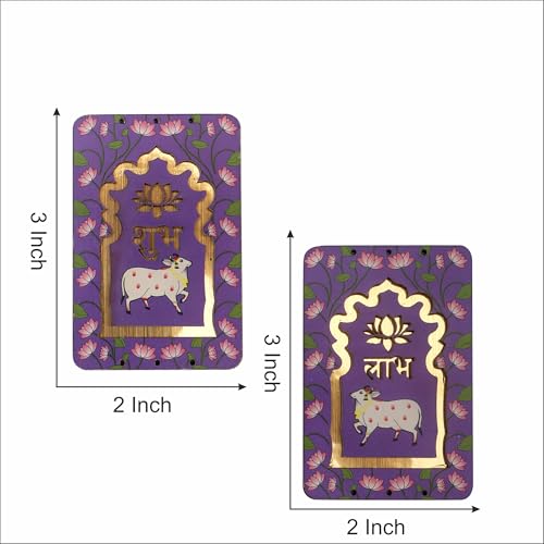 ProKart MDF 3 Inch Lotus & Cow Shubh Labh for Door Entrance | Cow Shubh Labh hangings for Puja Return Gifts | Decorative Hangings for Navratri & Diwali Décor (Lotus Cow - Purple 1 Pair) - Image 3